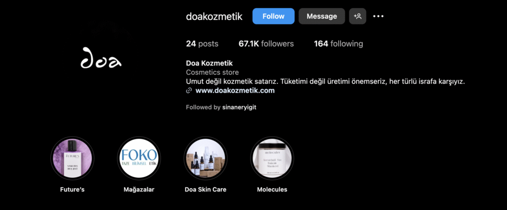 doa kozmetik sosyal medya hesapları