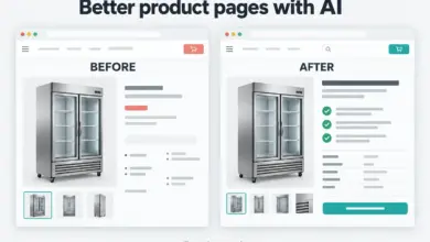 Illustrative before-and-after comparison of a refrigerator product page, showing clearer product information and specifications