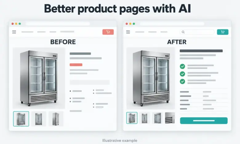 Illustrative before-and-after comparison of a refrigerator product page, showing clearer product information and specifications