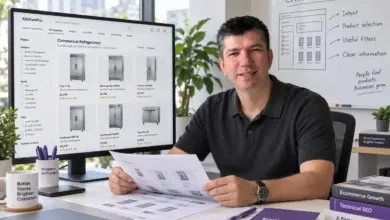 Birkan Ulusoy reviewing a refrigerator collection page beside a category SEO planning board.