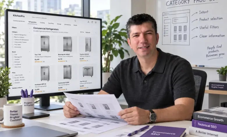 Birkan Ulusoy reviewing a refrigerator collection page beside a category SEO planning board.