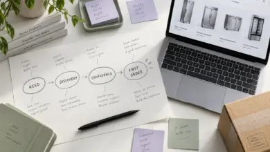 Customer acquisition planning sheet beside an online store, showing need, discovery, confidence and first order.