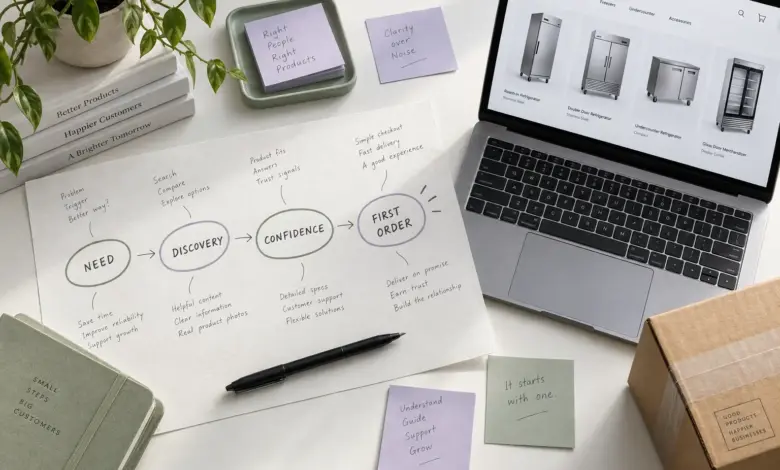 Customer acquisition planning sheet beside an online store, showing need, discovery, confidence and first order.