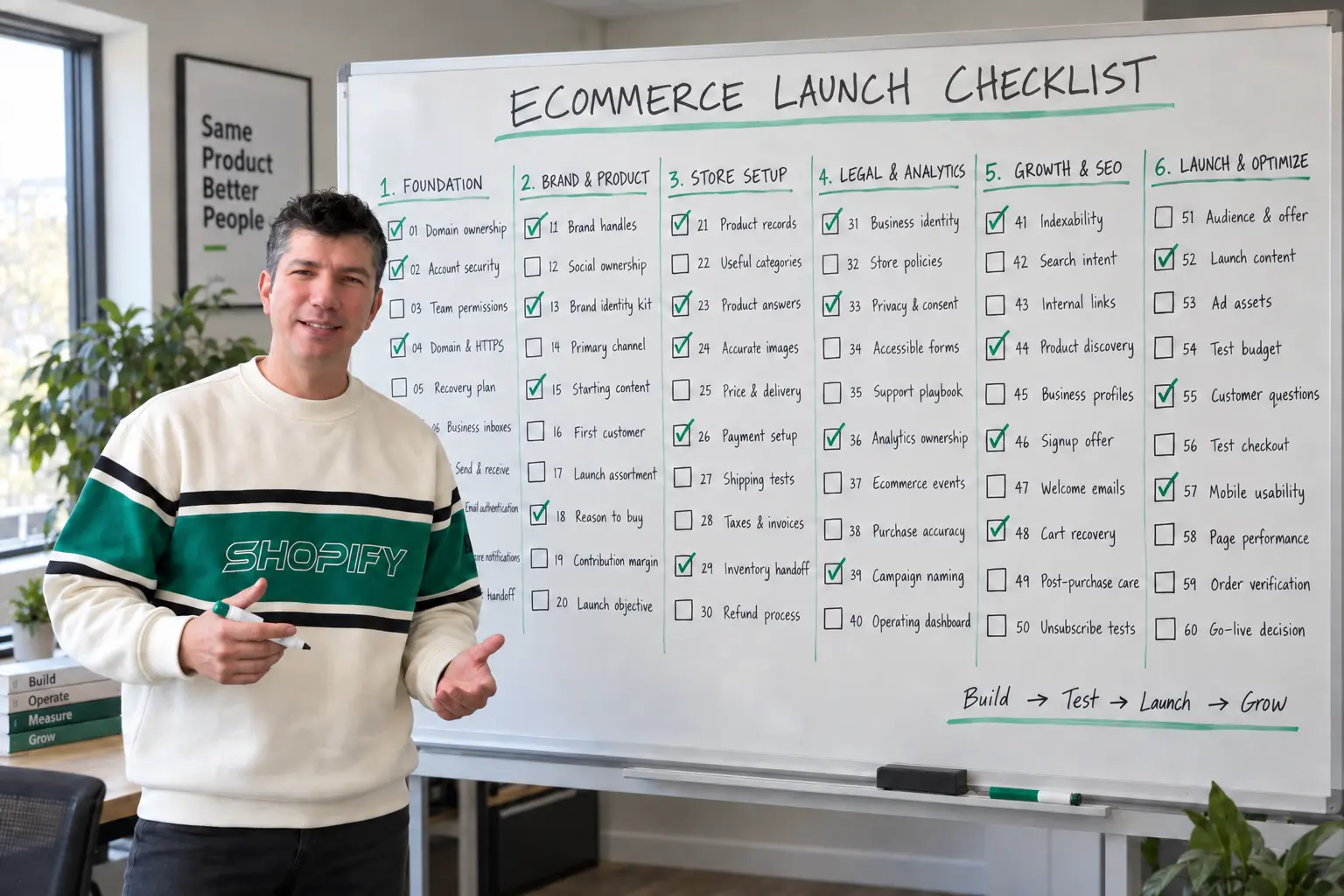 Birkan Ulusoy beside a whiteboard with the 60-step ecommerce launch checklist.