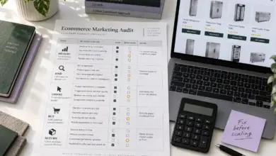 Ecommerce marketing audit worksheet beside a laptop displaying products, with checks for measurement and the buying journey.