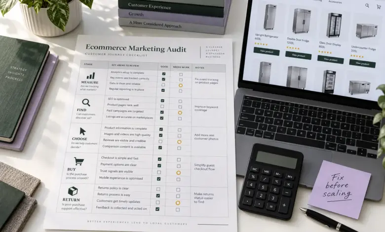 Ecommerce marketing audit worksheet beside a laptop displaying products, with checks for measurement and the buying journey.