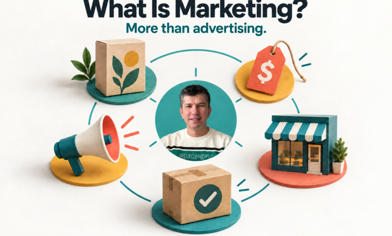 Birkan Ulusoy at the center of a conceptual marketing illustration with product, pricing, retail, communication, and delivery touchpoints.