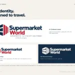 Supermarket World brand guidelines showing the endorsed, compact, and reversed logo versions.