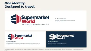 Supermarket World brand guidelines showing the endorsed, compact, and reversed logo versions.